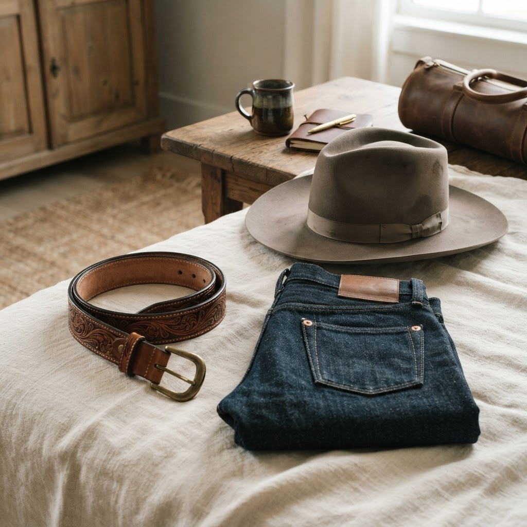 Premium Western artisan goods, hand-tooled leather, raw denim, and a felt hat on ivory linen.