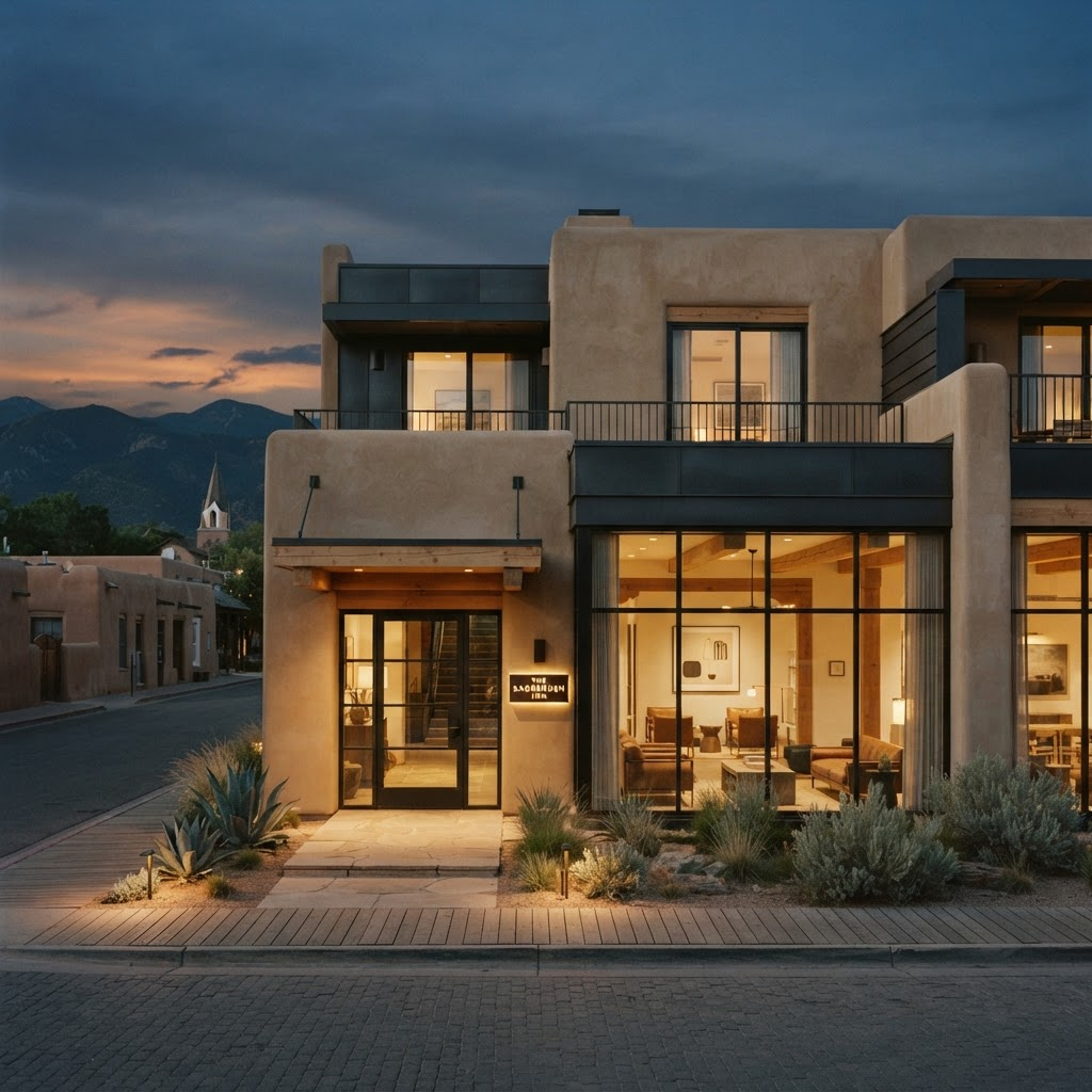 A modern boutique hotel facade in a small Western town at dusk, warm-lit windows.