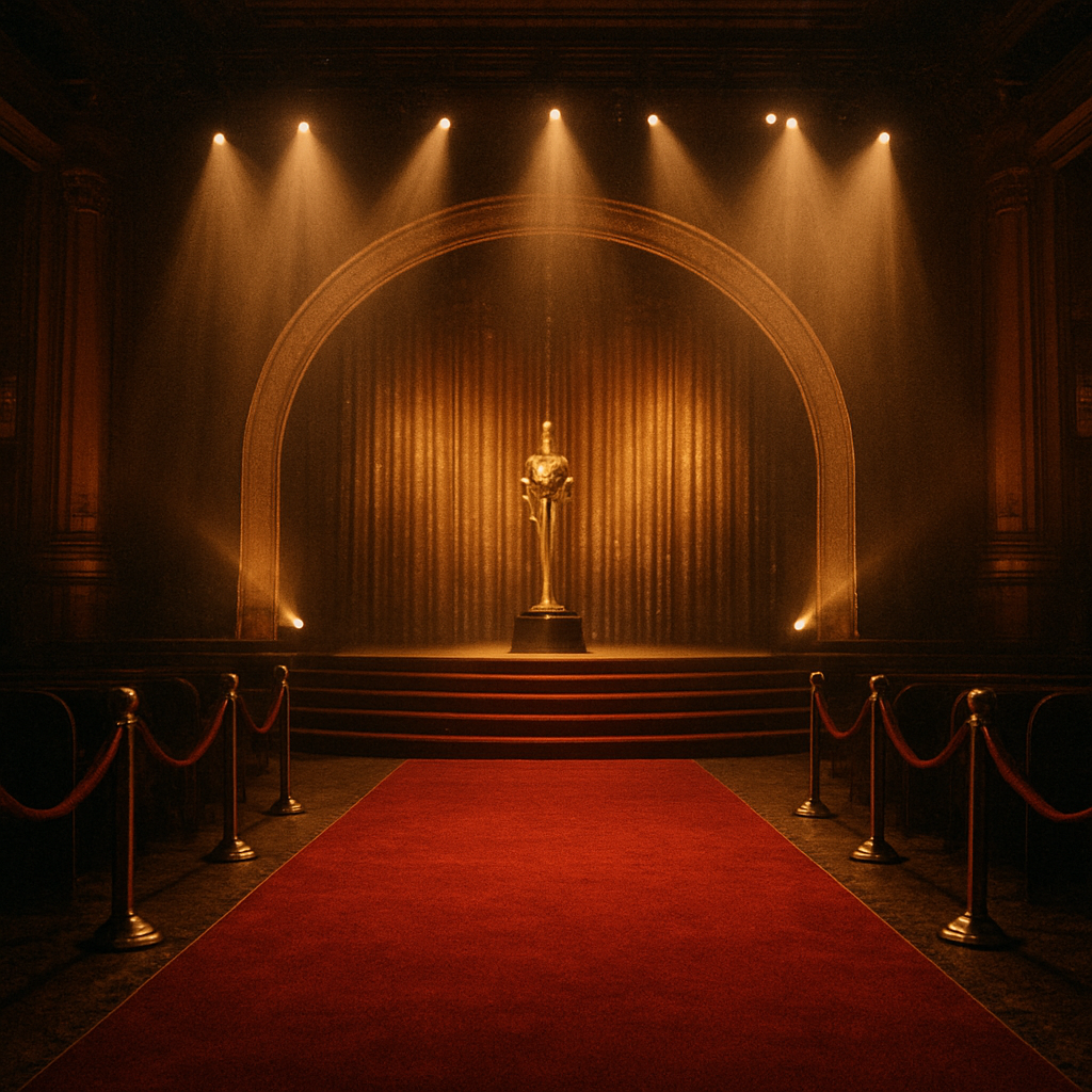 Luxurious awards show stage with golden spotlights