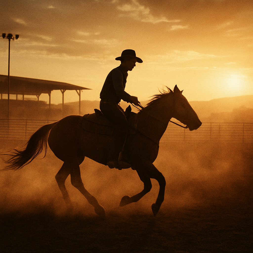 Western rodeo arena at dusk with a cowboy on horseback