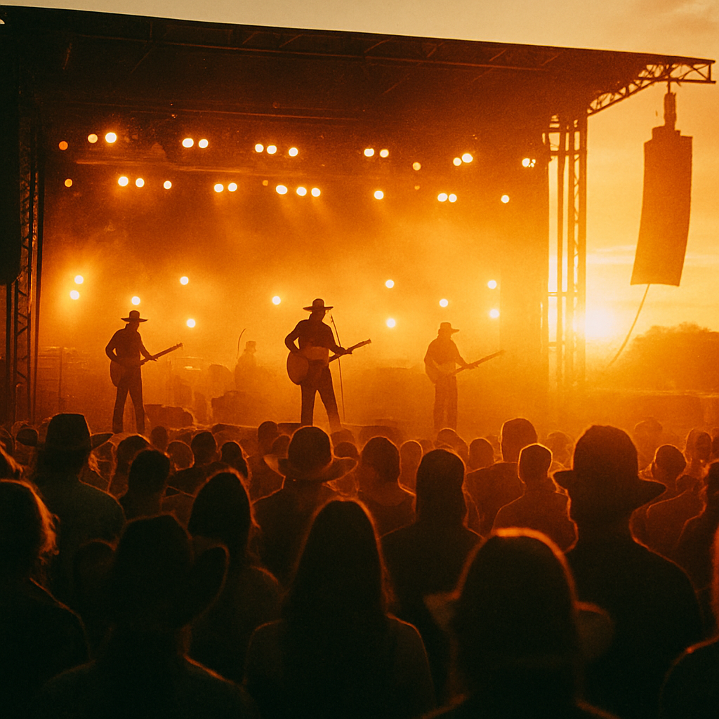Outdoor country music festival at golden hour