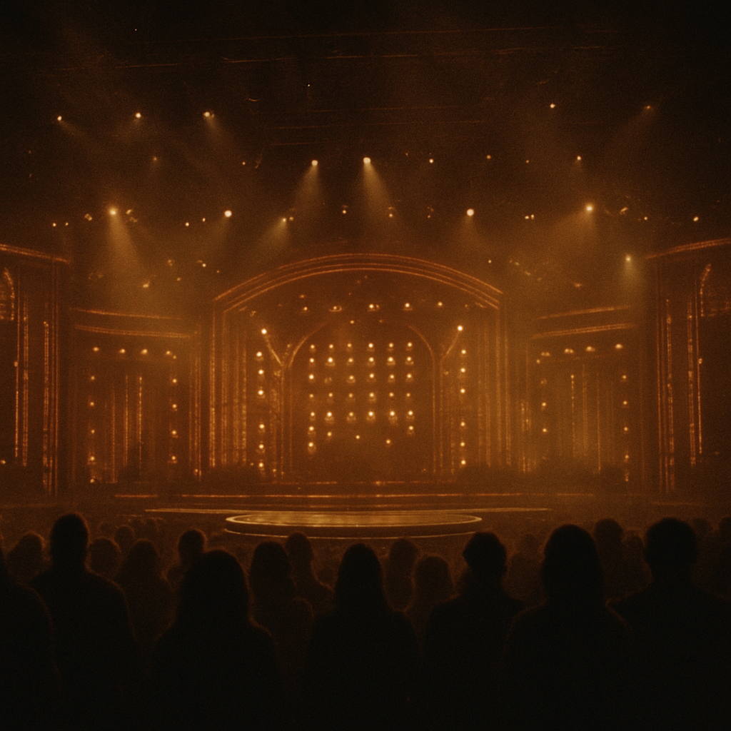 A grand country music awards stage bathed in warm amber light