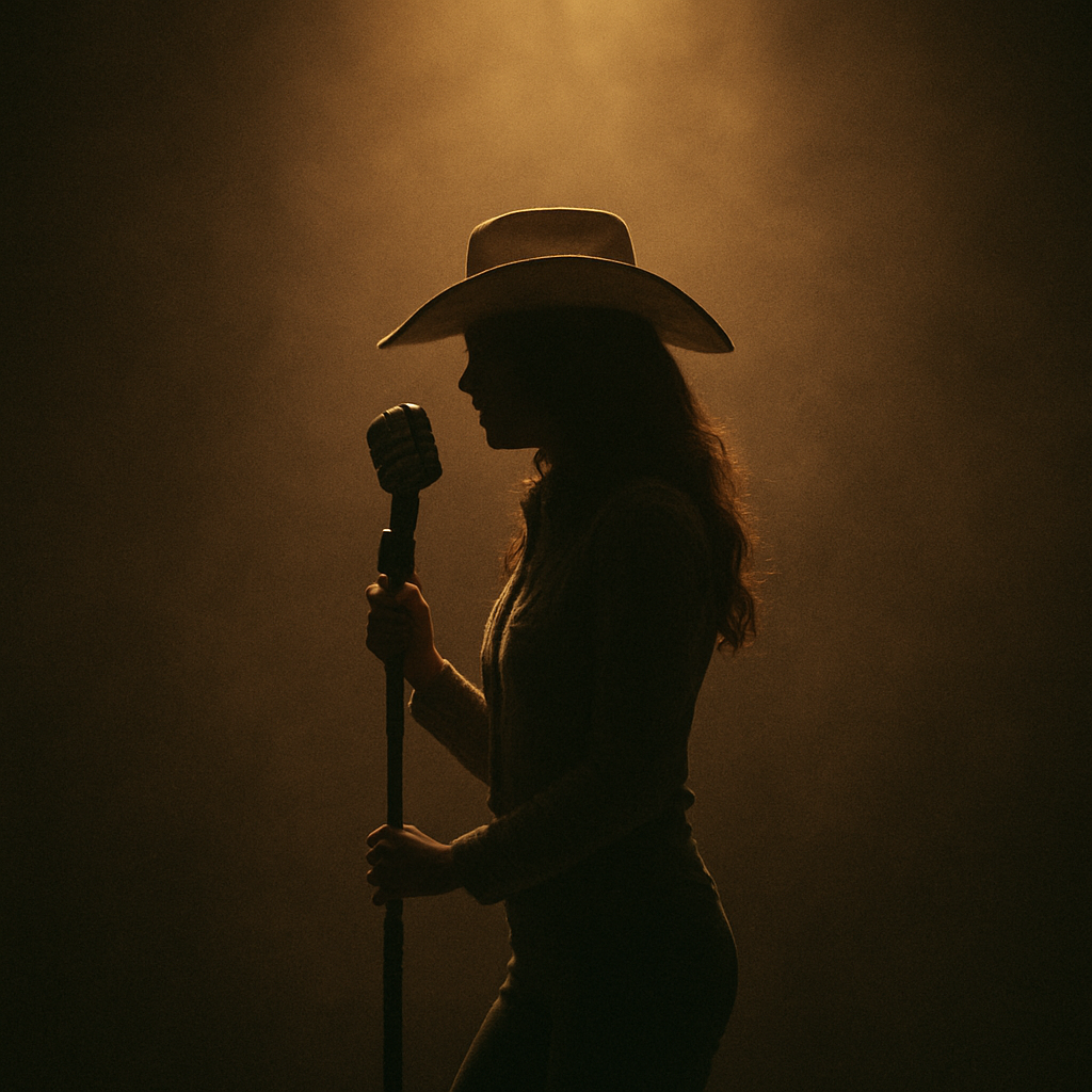 Country artist singing into a vintage microphone under a warm spotlight