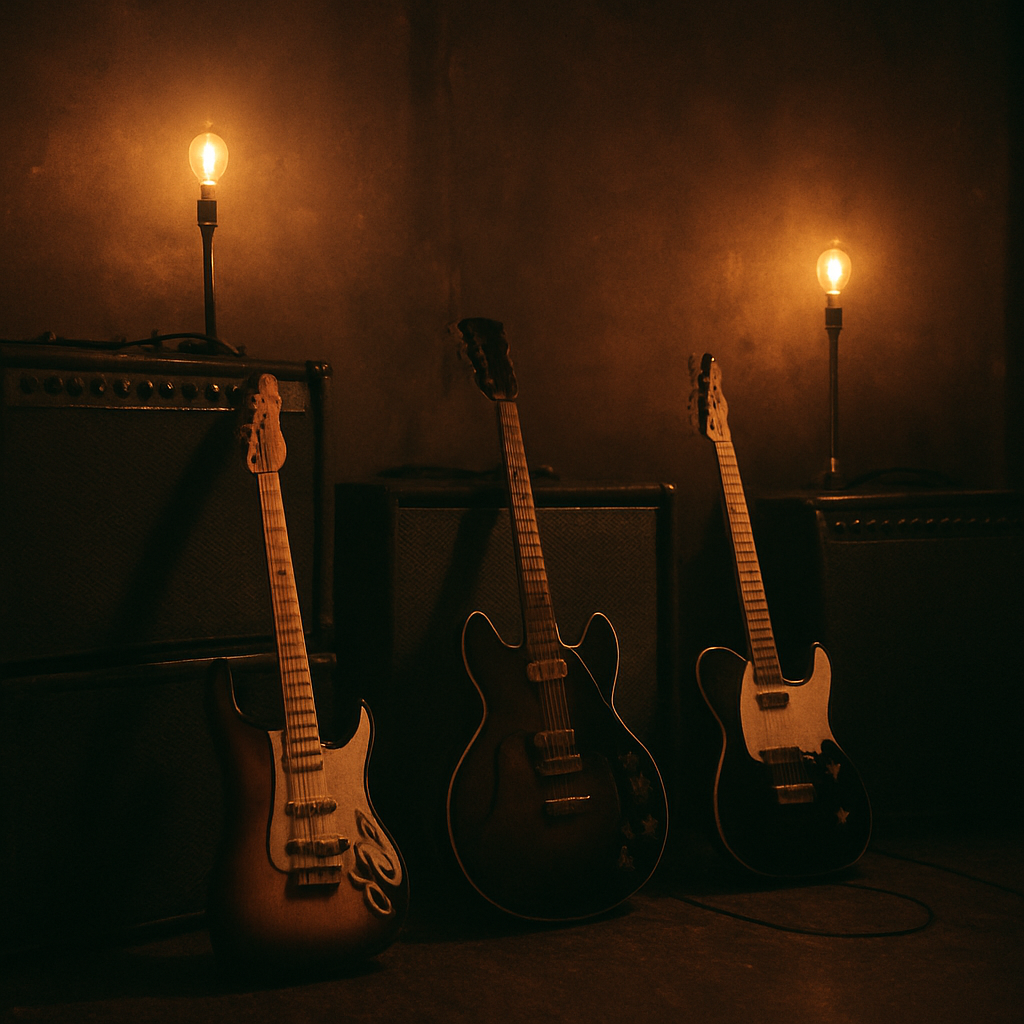 Backstage music environment with guitars and warm tungsten light