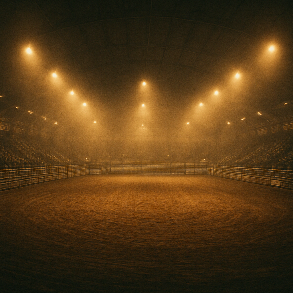 Large indoor rodeo arena under bright lights at night