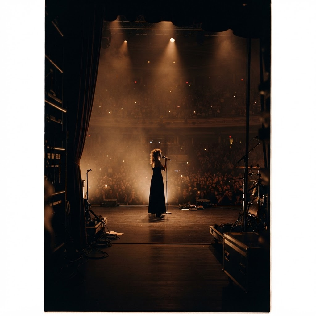 A lone performer's silhouette center-stage on a grand stage, bathed in warm amber light with a darkened audience beyond, cinematic and editorial