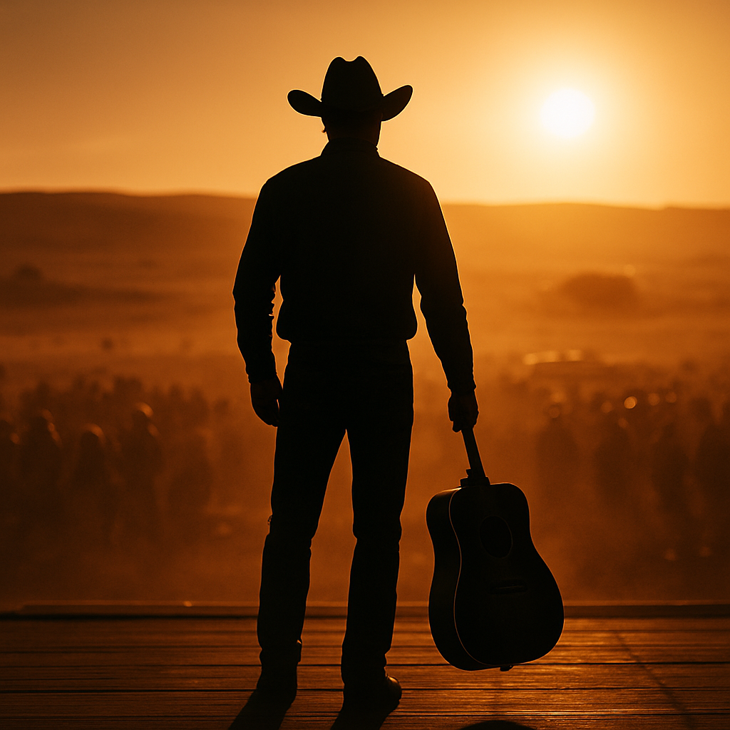 A lone country musician's silhouette with an acoustic guitar on an outdoor stage facing an open Western landscape at golden hour