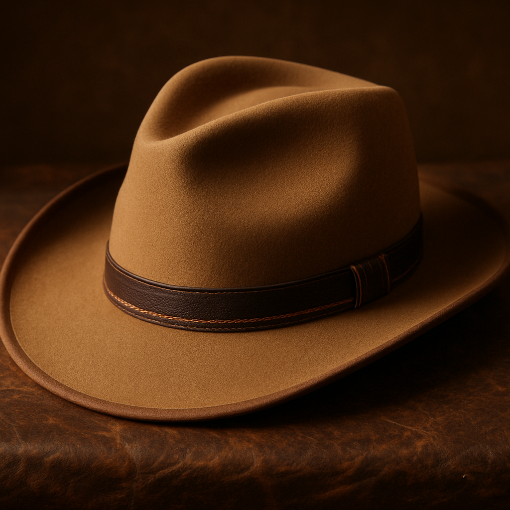 A handcrafted premium felt cowboy hat resting on aged leather