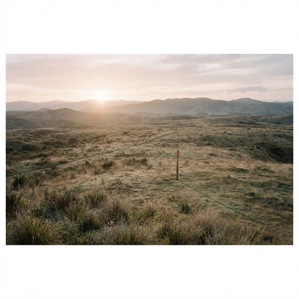 An expansive undeveloped parcel of land at first light, a faint track leading toward distant hills, a single surveyor's stake casting a long shadow.