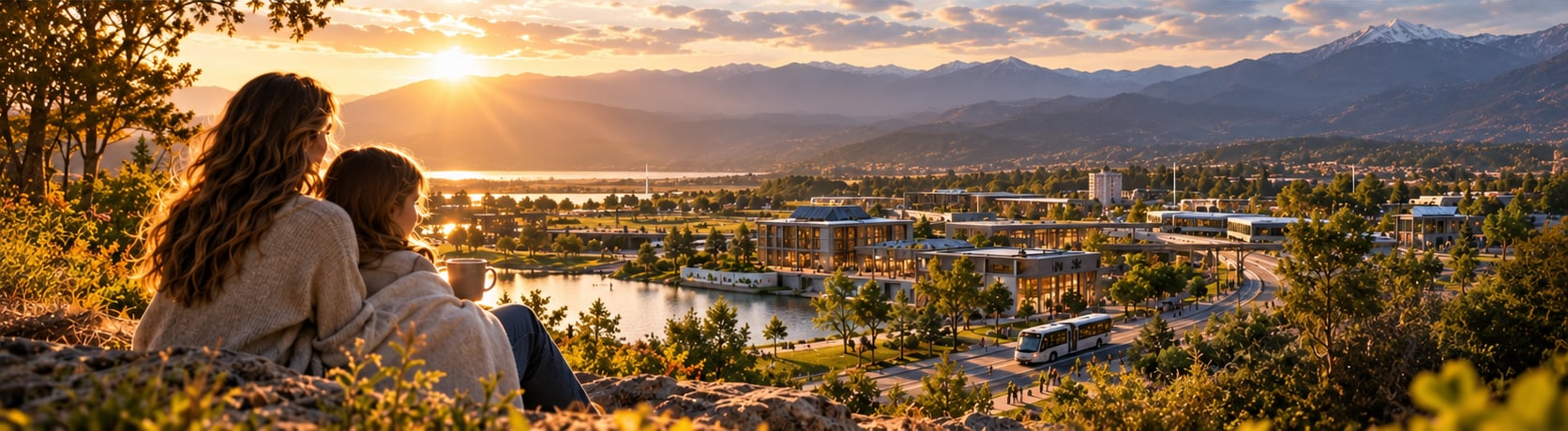 A mother and child wrapped in a blanket on a rocky hillside at sunset, looking over a walkable lakeside community with trees, public buildings, and a transit line, mountains beyond.