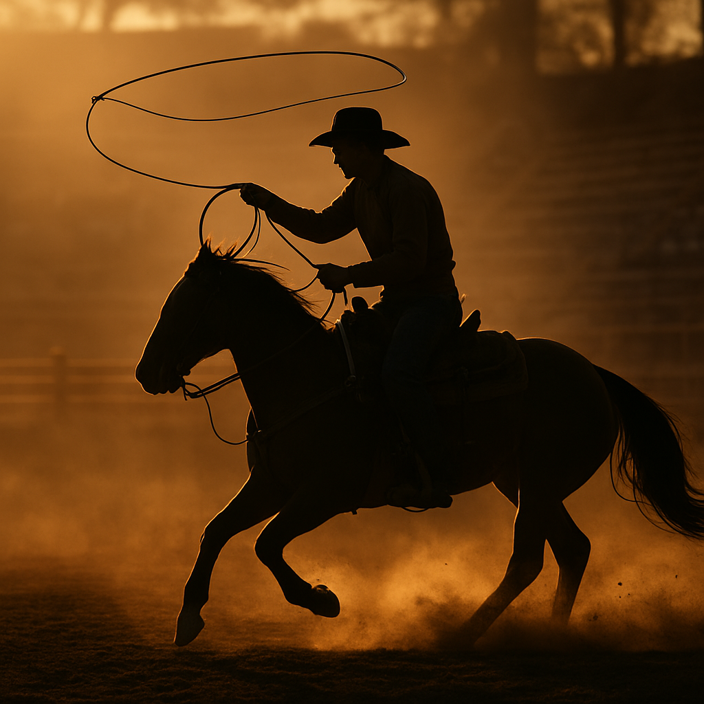 A cowboy swinging a lasso in a rodeo arena at golden hour