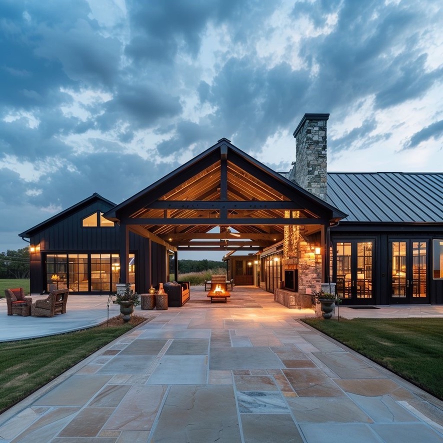 A modern luxury ranch lodge glowing at dusk, with black board-and-batten architecture, a stone chimney, and a covered patio with a fire feature under a dramatic sky