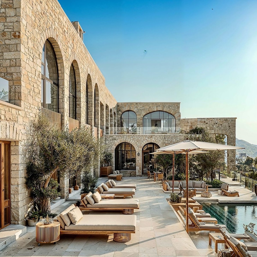 A Mediterranean stone villa terrace with a pool and olive trees at golden hour, a long-horizon residential commitment