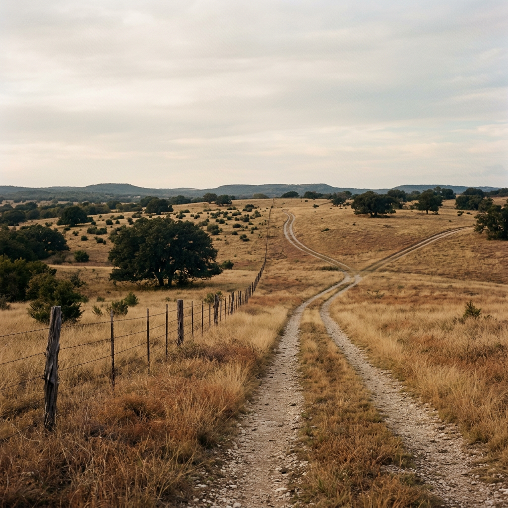 Texas Hill Country ranch land in autumn light, a gravel road dividing into two paths